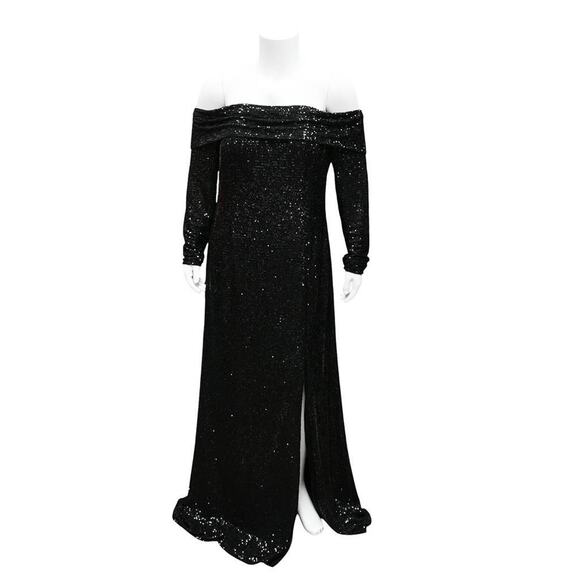 Rene Ruiz Off the Shoulder Sequin Gown Plus Size 20 Black Maxi Length Front Slit - Picture 1 of 5